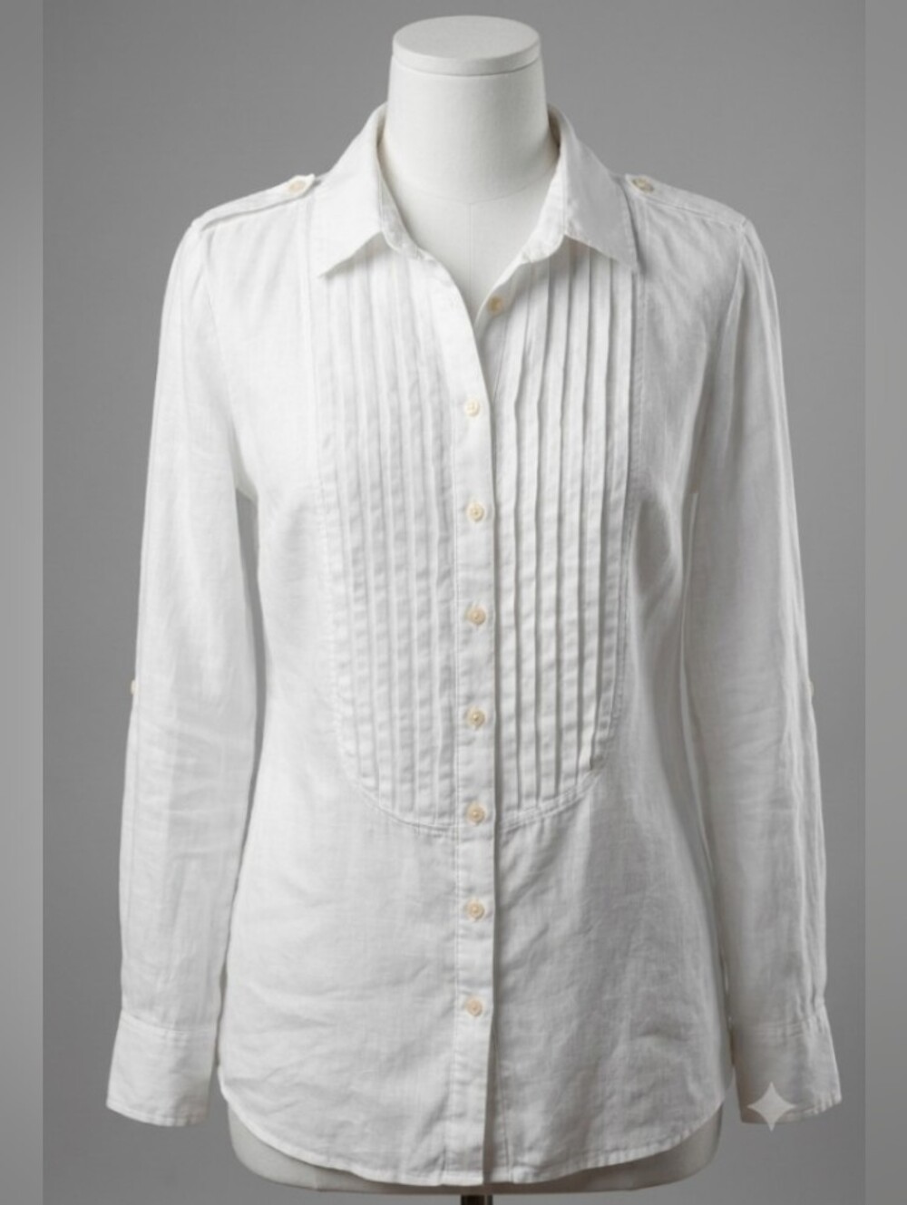 Banana Republic White Pintuck Front Button-Down Shirt (Sz M) 100% Linen Lux